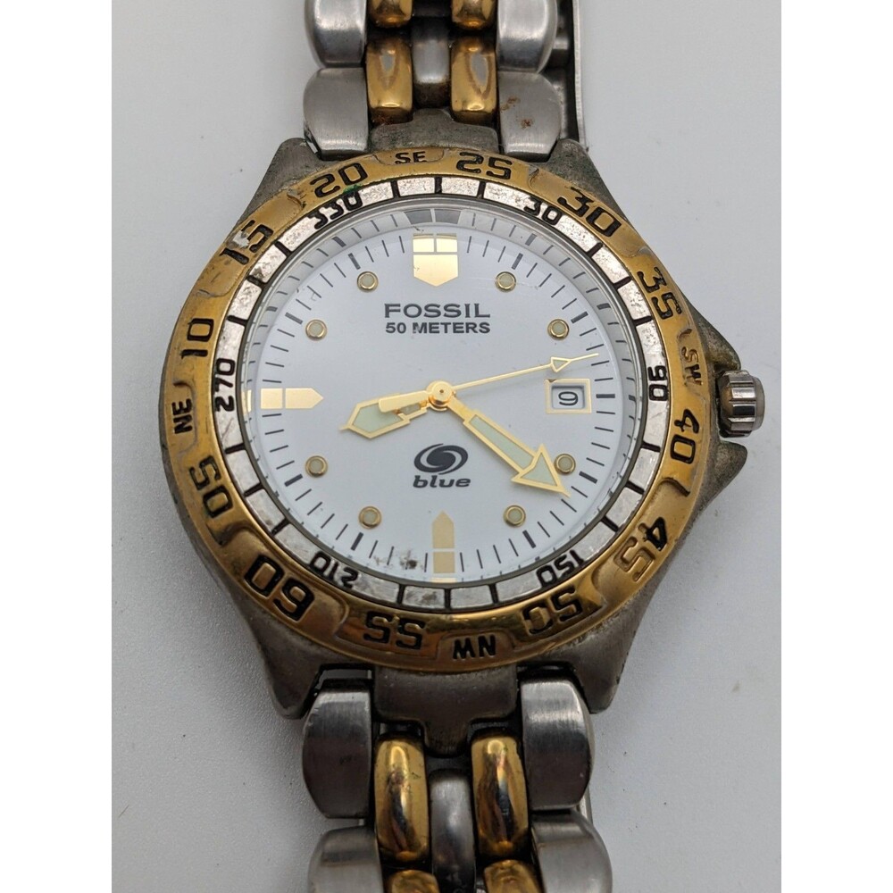 Vintage Men's Fossil Nordstorm Blue 50m White Dial Gold Watch ND-3371 - Runs